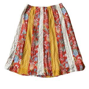 Vintage Chessa Davis Skirt Patchwork Stripes Crochet Lace Tapestry Hippie 70s S